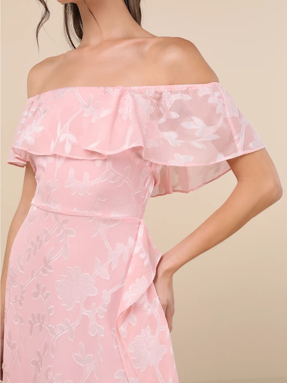 NWT Sz M Lulus Pretty Perfect Blush Burnout Floral Off-the-Shoulder Midi Dress - Picture 4 of 14